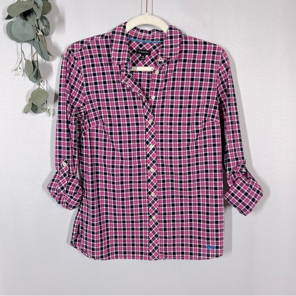 Talbots | Plaid Button Down Pink Black White Top Shirt Women’s Size XS